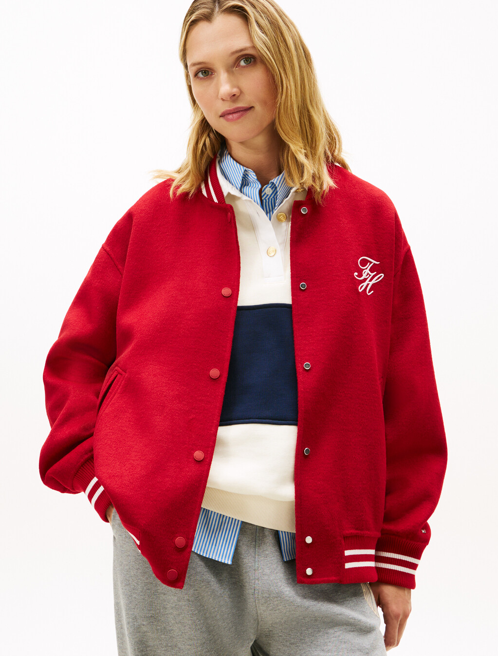 Double-Faced Wool Blend Bomber Jacket, Primary Red, hi-res