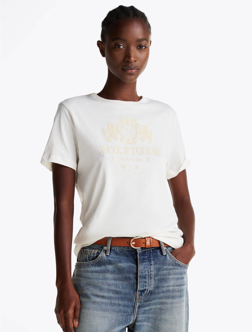 Contrast Trim Crew Neck T-Shirt, Ancient White, hi-res