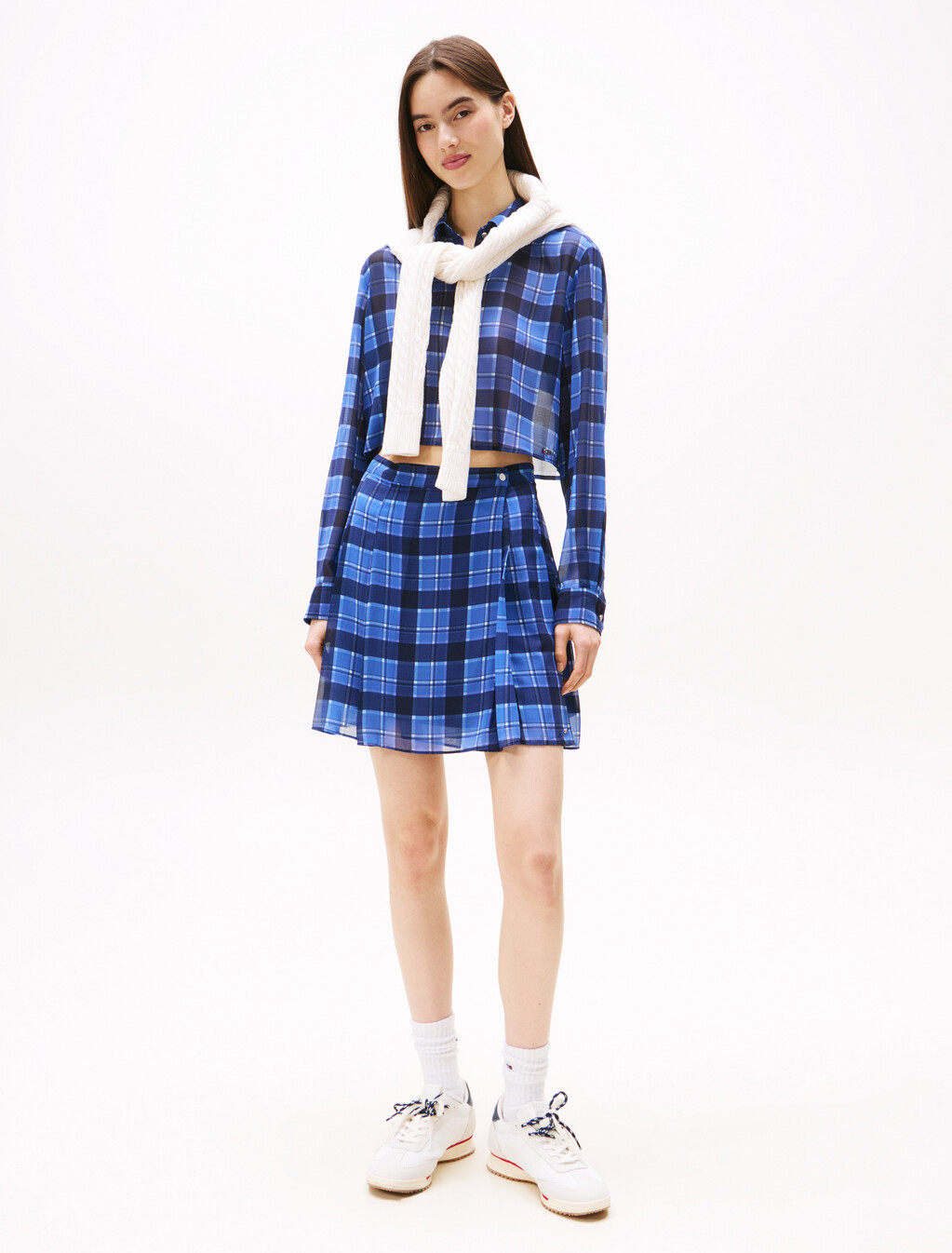 Regular Fit Cropped Chiffon Shirt, Blue Check, hi-res