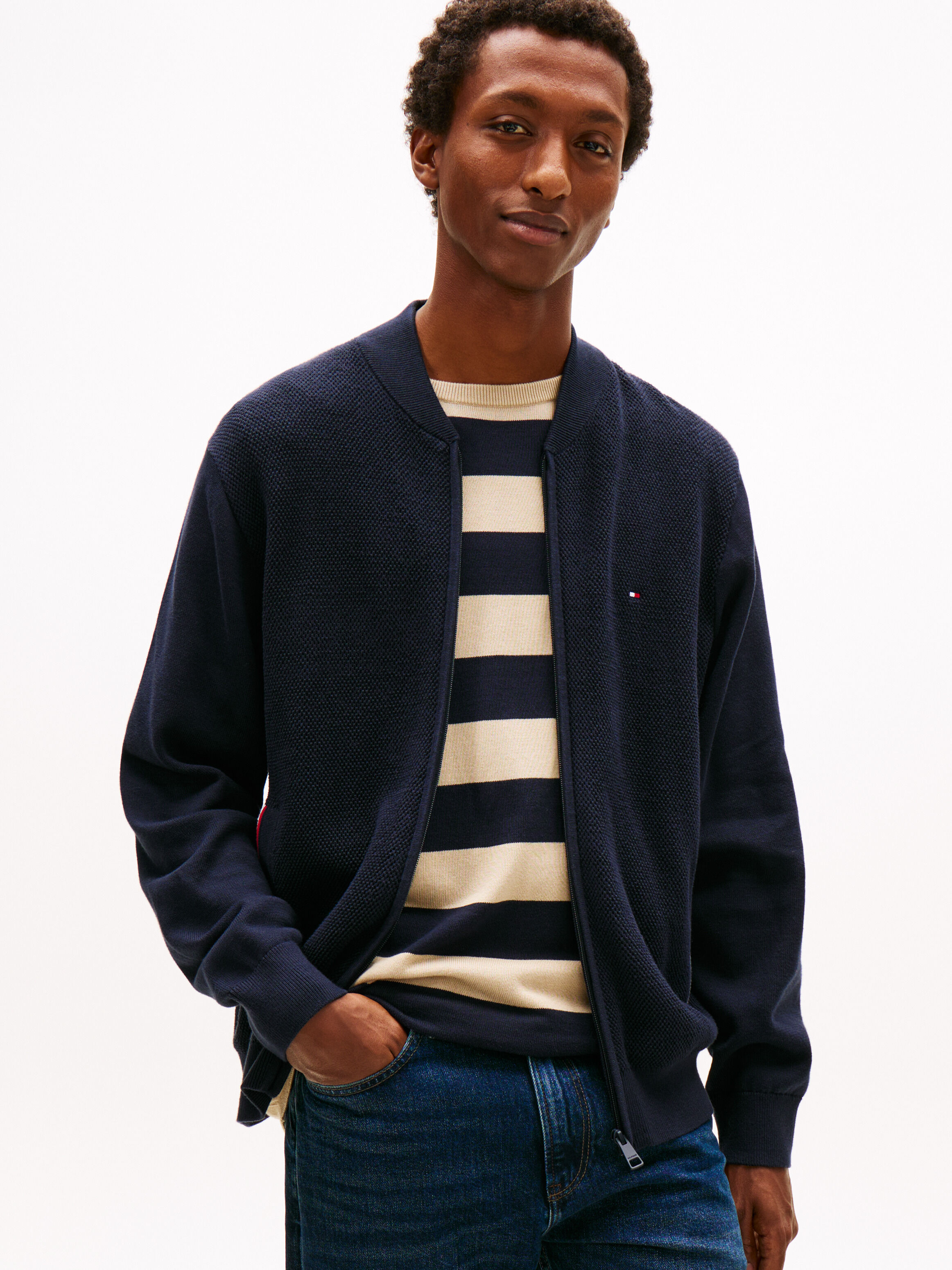 Textured Zip Through Bomber Jacket | blue | Tommy Hilfiger Singapore