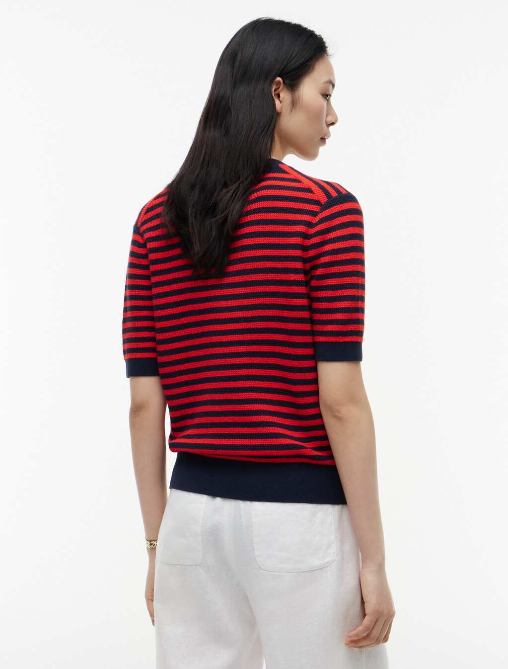 Gold-Tone Button Henley Short Sleeve Jumper, Dark N Navy/Fire Red Stp, hi-res