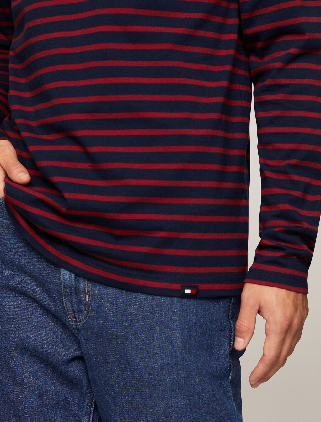 Breton Stripe Organic Cotton Long Sleeve T-Shirt, Regatta Red / Drk Night Navy Stripe, hi-res