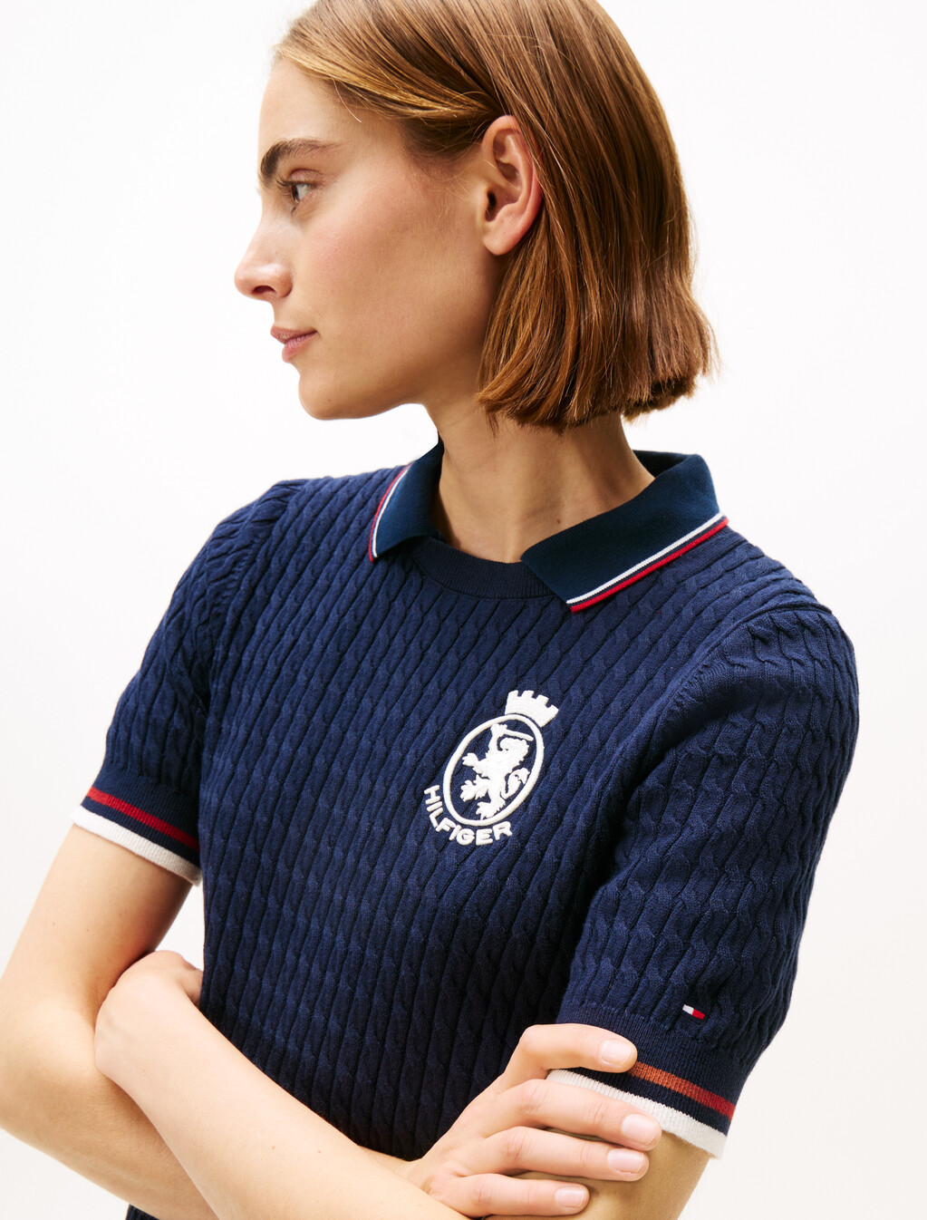 Tommy Crest Cable Knit Sweater, Dark Night Navy Gs Tipping, hi-res