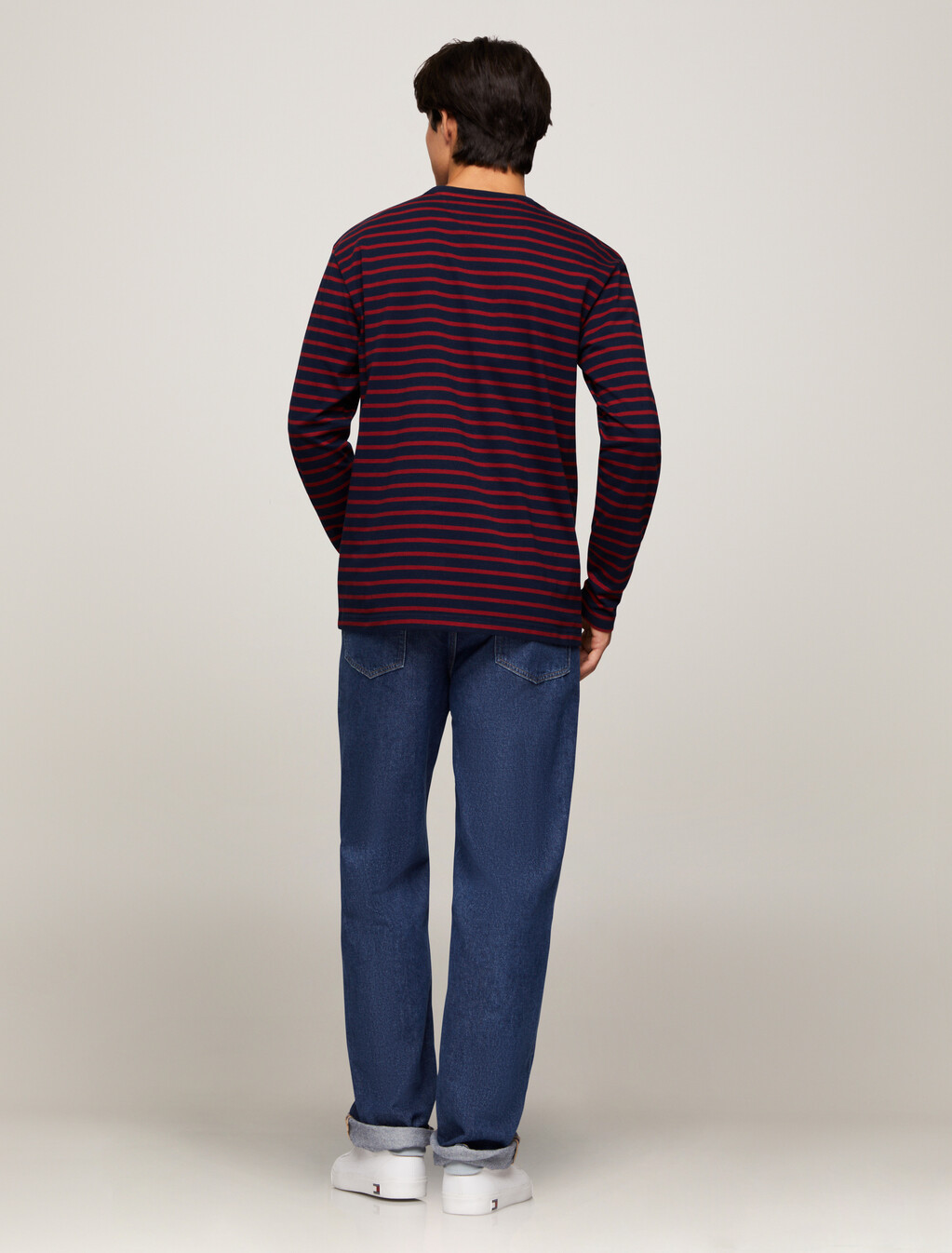 Breton Stripe Organic Cotton Long Sleeve T-Shirt, Regatta Red / Drk Night Navy Stripe, hi-res