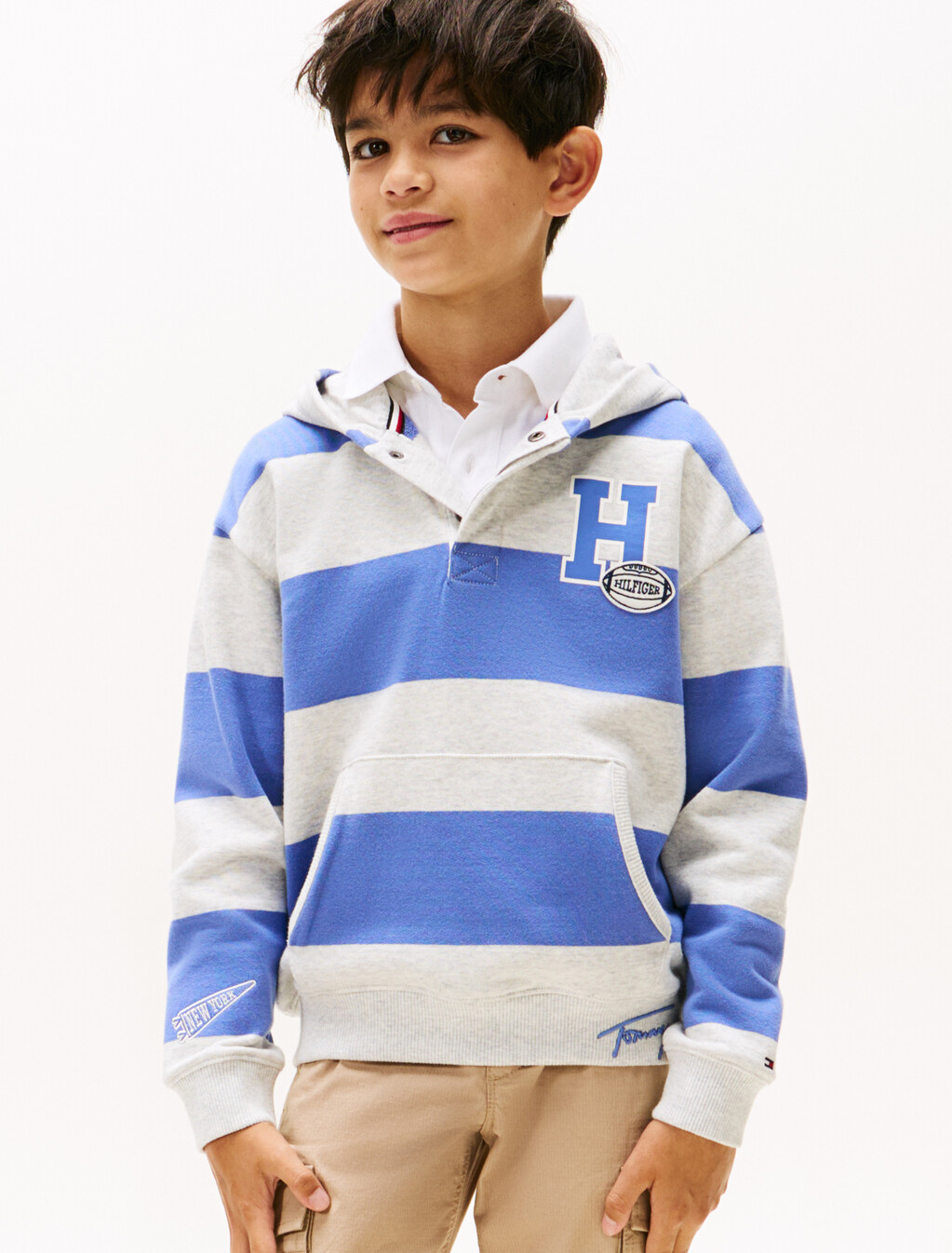 Varsity Stripe Concealed Placket Hoody, Soft Sapphire Stripe, hi-res