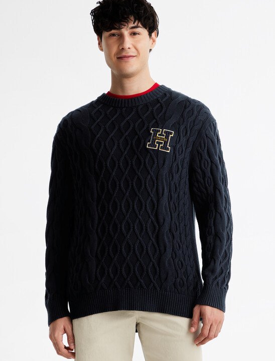 Cable Knit Letterman Applique Sweater