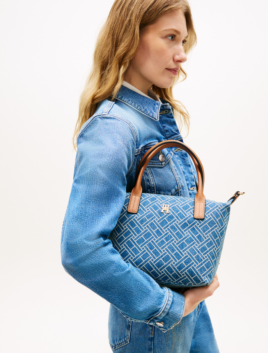 Flag Denim Crossbody Tote Bag, Blue Denim, hi-res