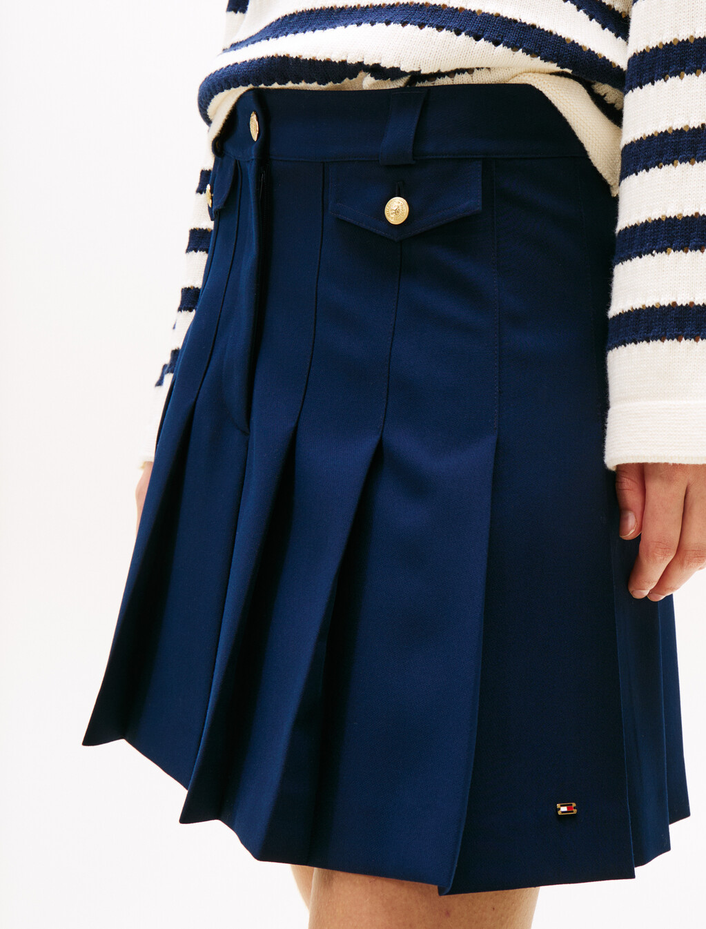 Gold-Tone Button Mini Pleated Skirt, Dark Night Navy, hi-res