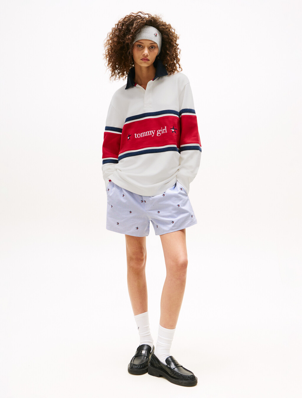Tommy Girl Back Logo Relaxed Stripe Rugby Shirt, Ecru, hi-res