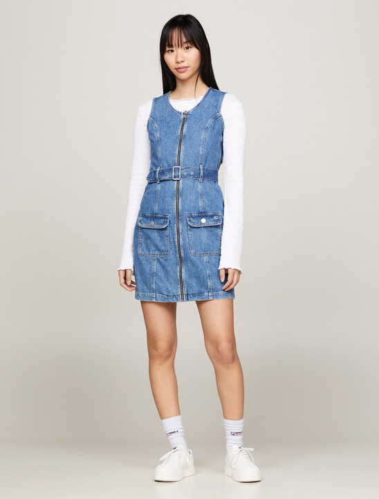 Belted Zip-Thru Denim Bodycon Dress