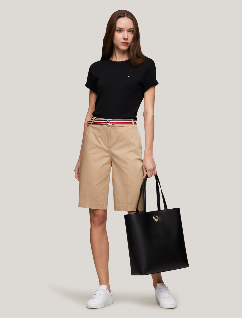 Flag Embroidery Ribbed Slim T-Shirt, Black, hi-res