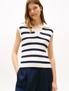 Cable Knit Open Polo Vest, Ivory Silk/Dark Night Navy Stp, hi-res