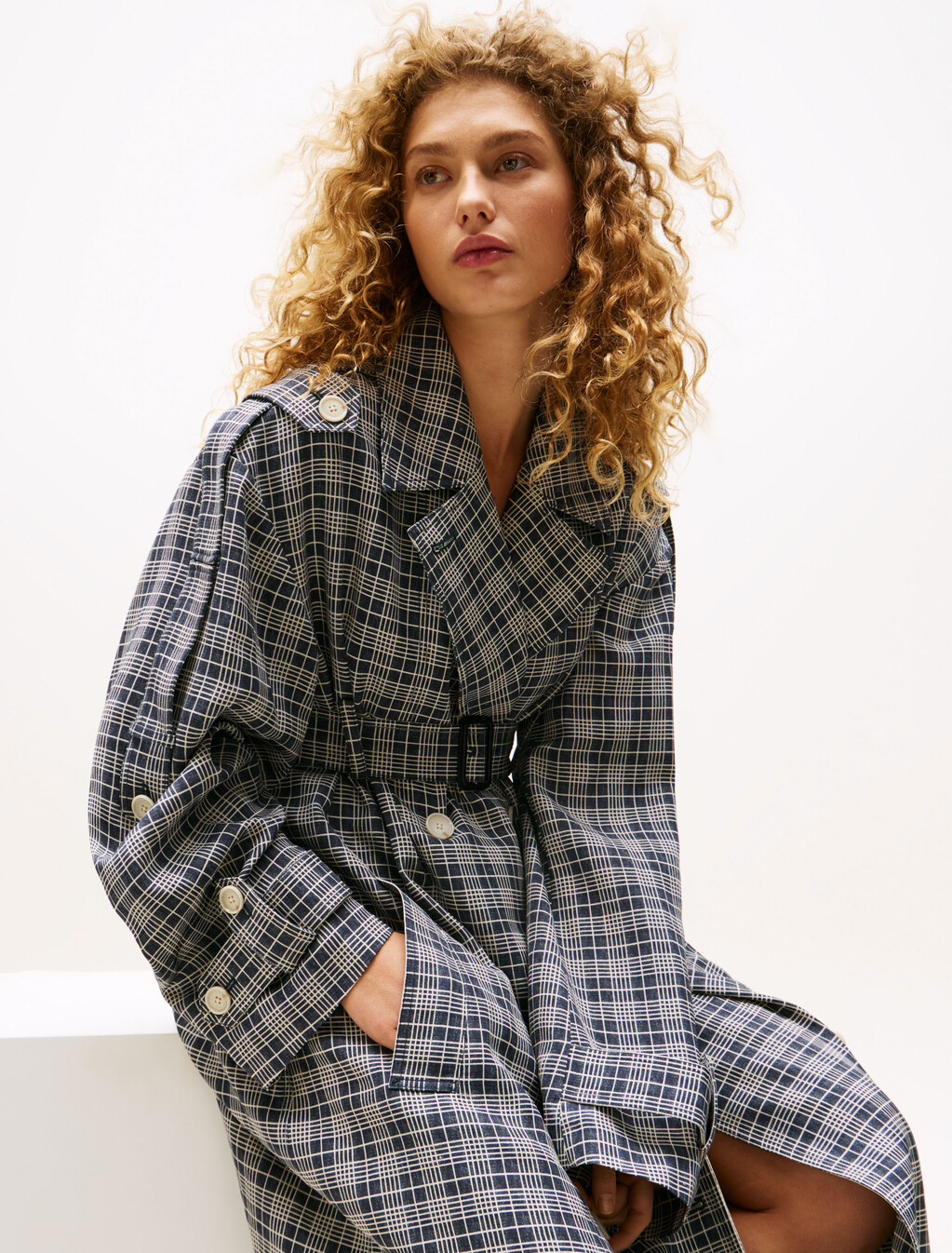 The Runway Collection Silk Blend Oversized Trench Coat, Navy Cream Check, hi-res